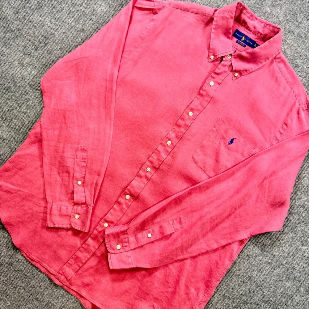 Ralph Lauren Mens XL Classic Fit Pink Linen Button Down Shirt Long Sleeve Pony